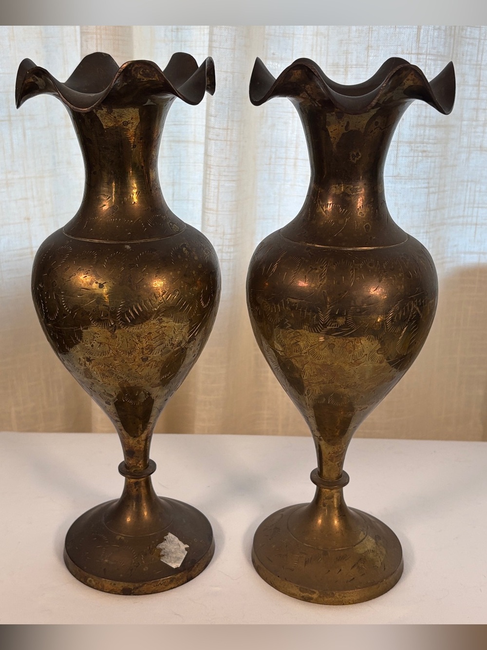 Antique Brass Ruffled Vase Pair